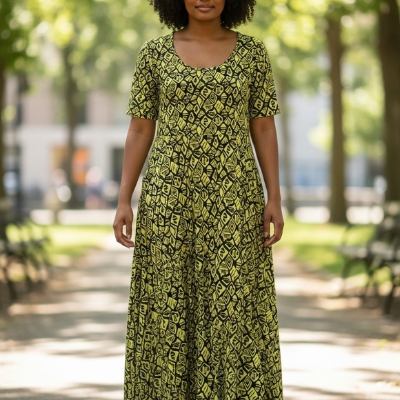 Elegant Black and Yellow Patterned Maxi Dress - Picture 2 of 7